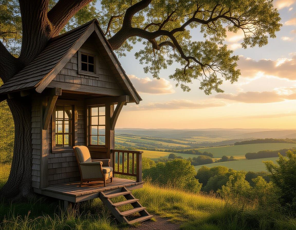 Charming Antique Treehouse in Giant Oak, Golden Afternoon Li...