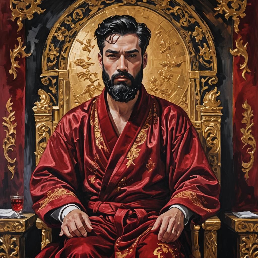 God on Throne in Deep Red Velvet, Impressionist Style