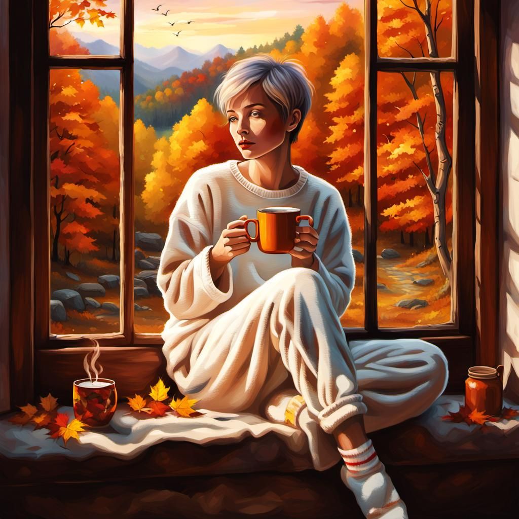 Cozy Autumn Scene with Woman and Hot Chocolate