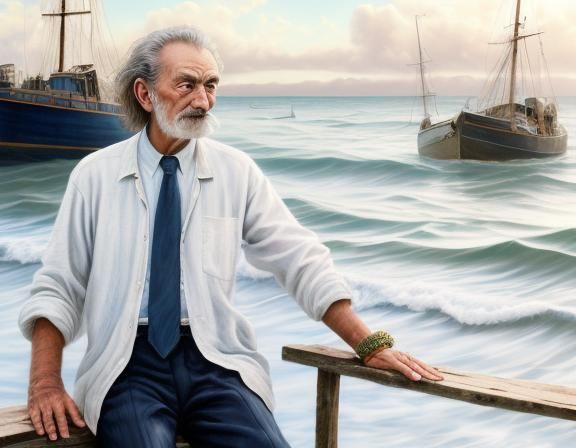 Surrealist Seascape: Old Sailor at Sunset in Oil Paint