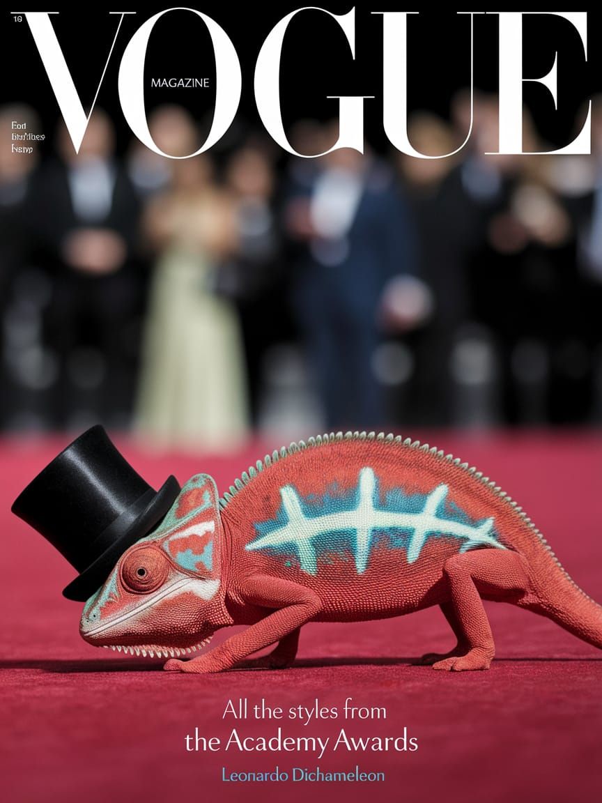 Glamorous Red Chameleon on the Red Carpet in Top Hat