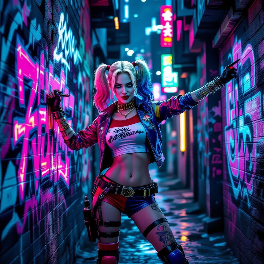 Cyberpunk Harley Quinn Spray Painting Neon Alleyway