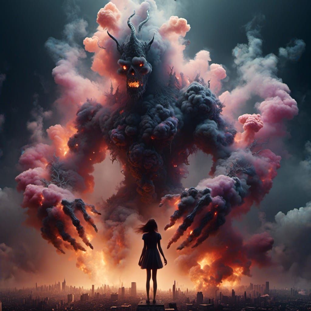 Giant Smoke Demon Overwhelms Frightened Woman