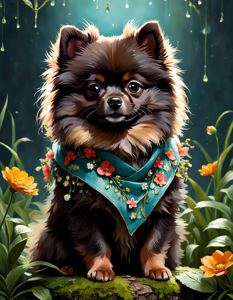 Charming Dark Brown Pomeranian in Floral Spring Attire