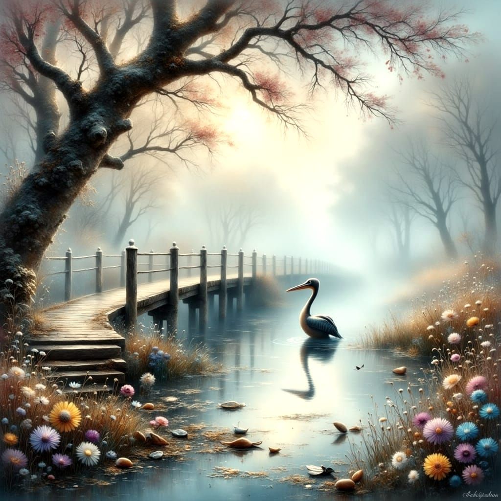 Misty Morning Wharf Scene with Pelican