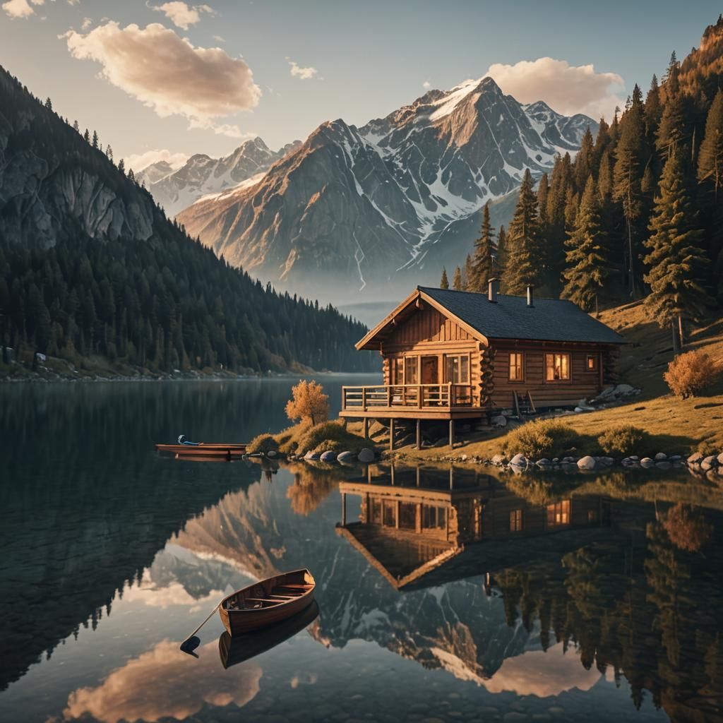 Serene Mountain Lake Cabin at Golden Hour
