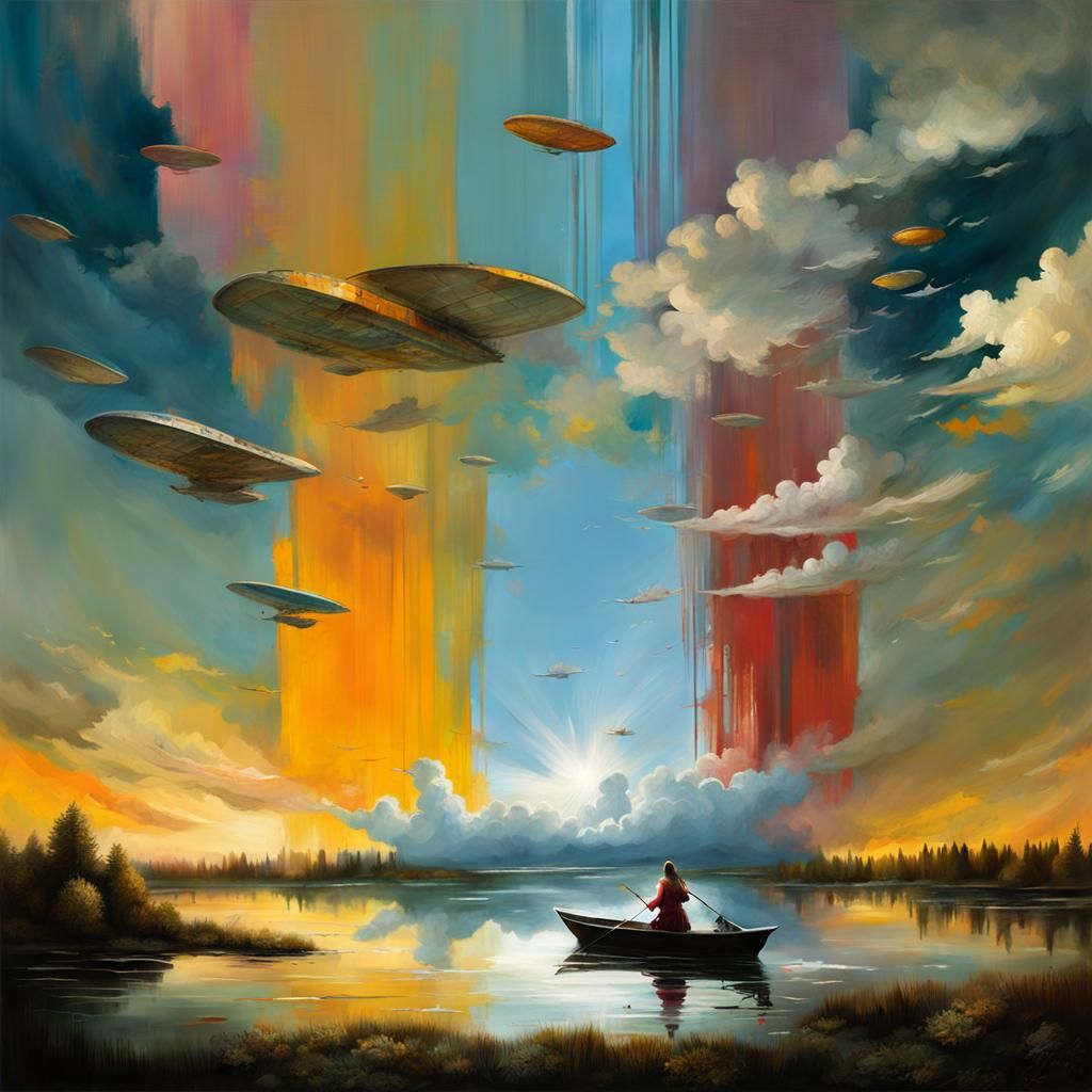 High-Speed Flying City Above Dreamy Lake