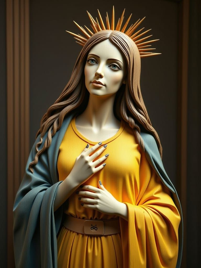 Baroque Virgin Mary Polychrome Wood Sculpture