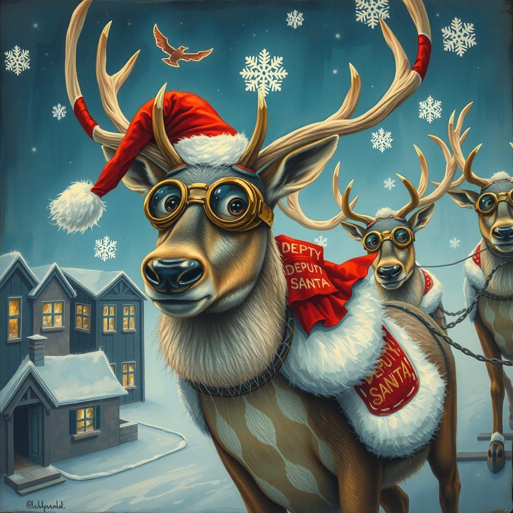 Macho Reindeer Deputy Santa in Steampunk Sled