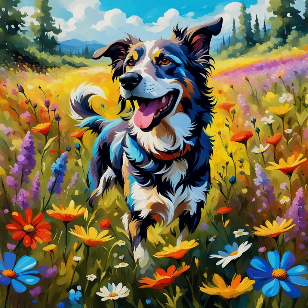 Happy Dog in Wildflower Field as Oil Painting