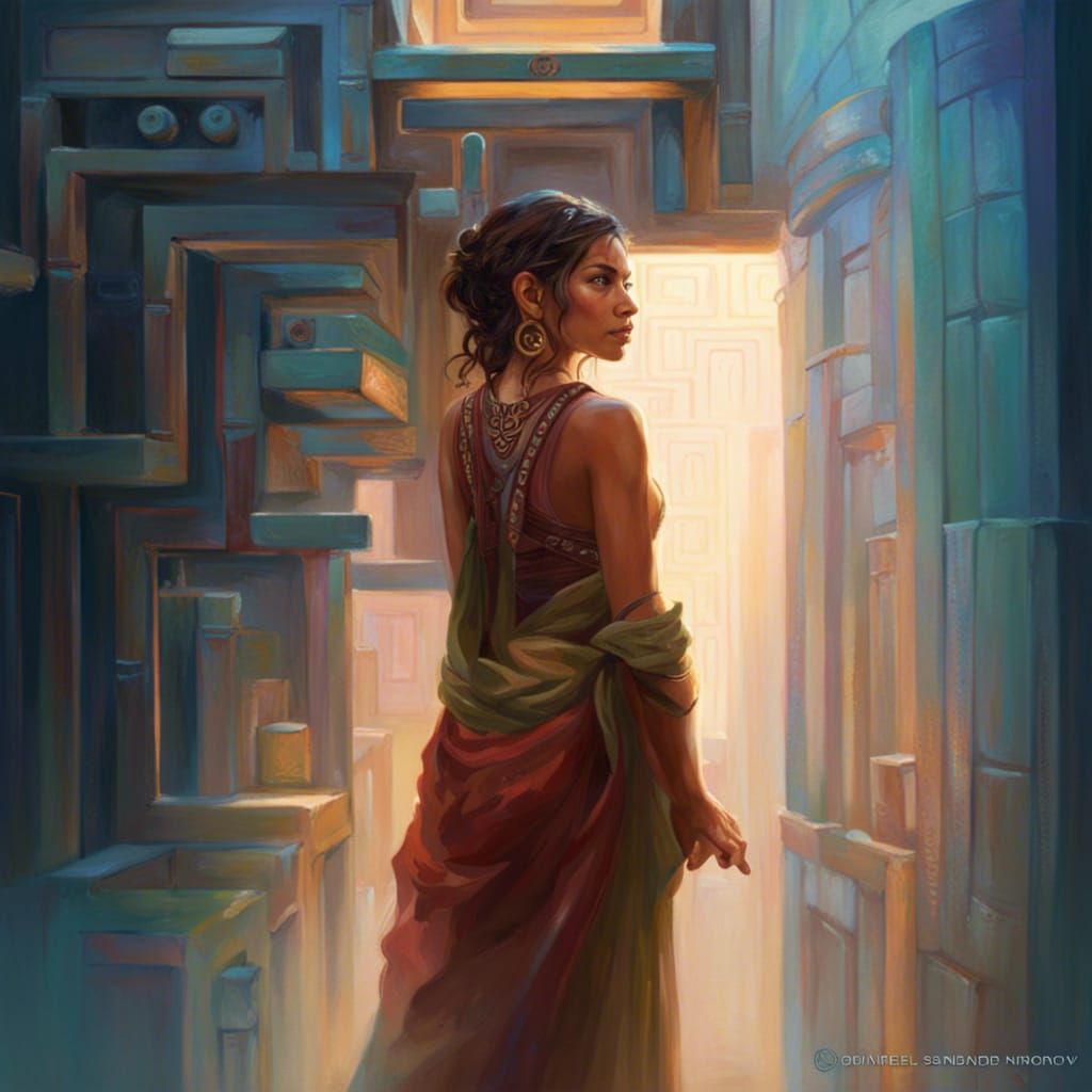 Mayan Woman Navigates a Surreal Maze