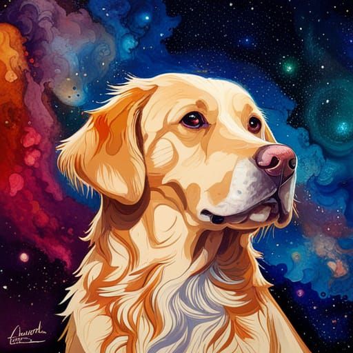 Golden Retriever Among the Stars: Impasto Gouache
