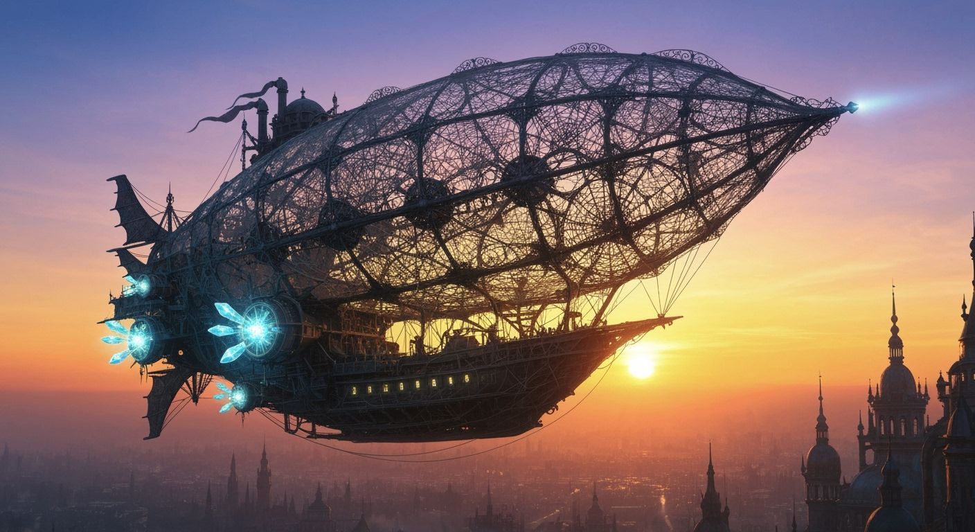 Steam-Powered Spiderweb Airship at Sunset