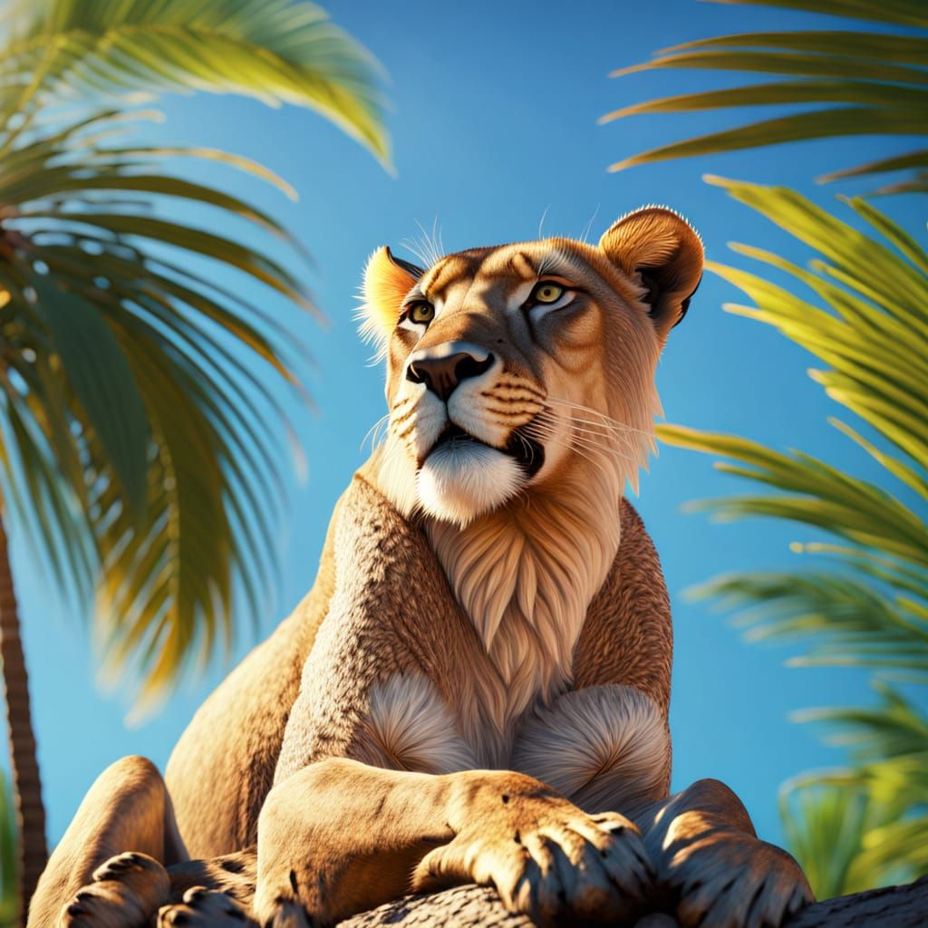 Surreal Lioness Hybrid in Palm Tree Forest