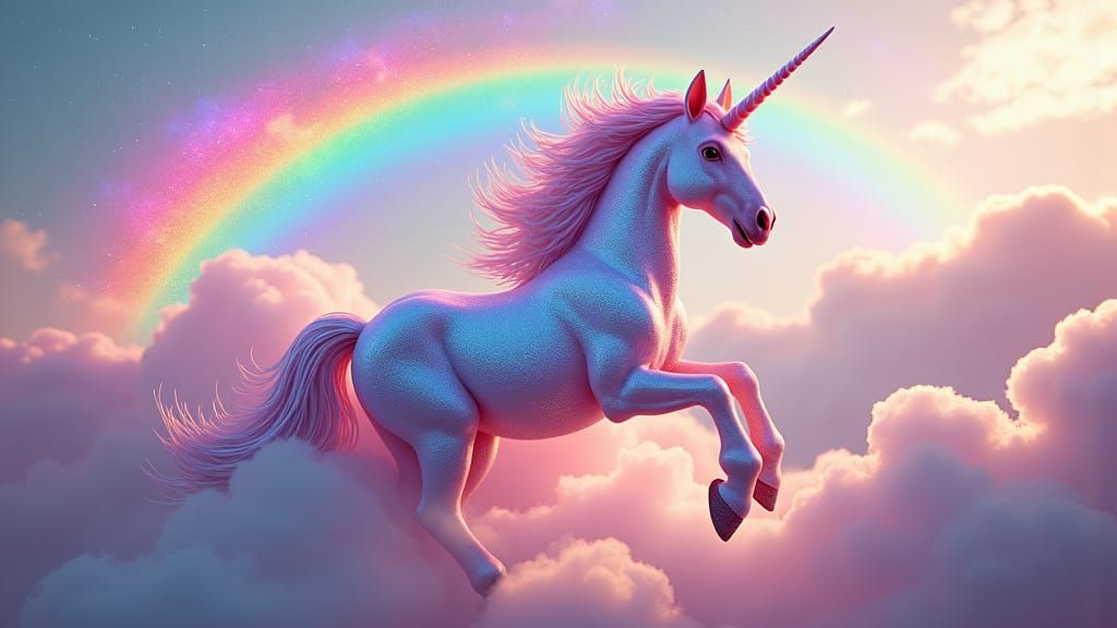 Iridescent Unicorn on Rainbow in Cloudy Sky
