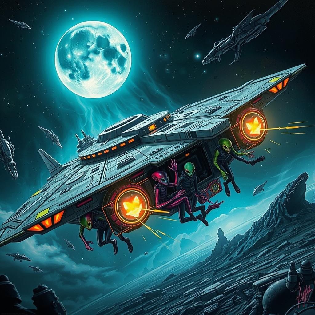 Aliens Descend Under Ethereal Moon in Surreal Graffiti Art