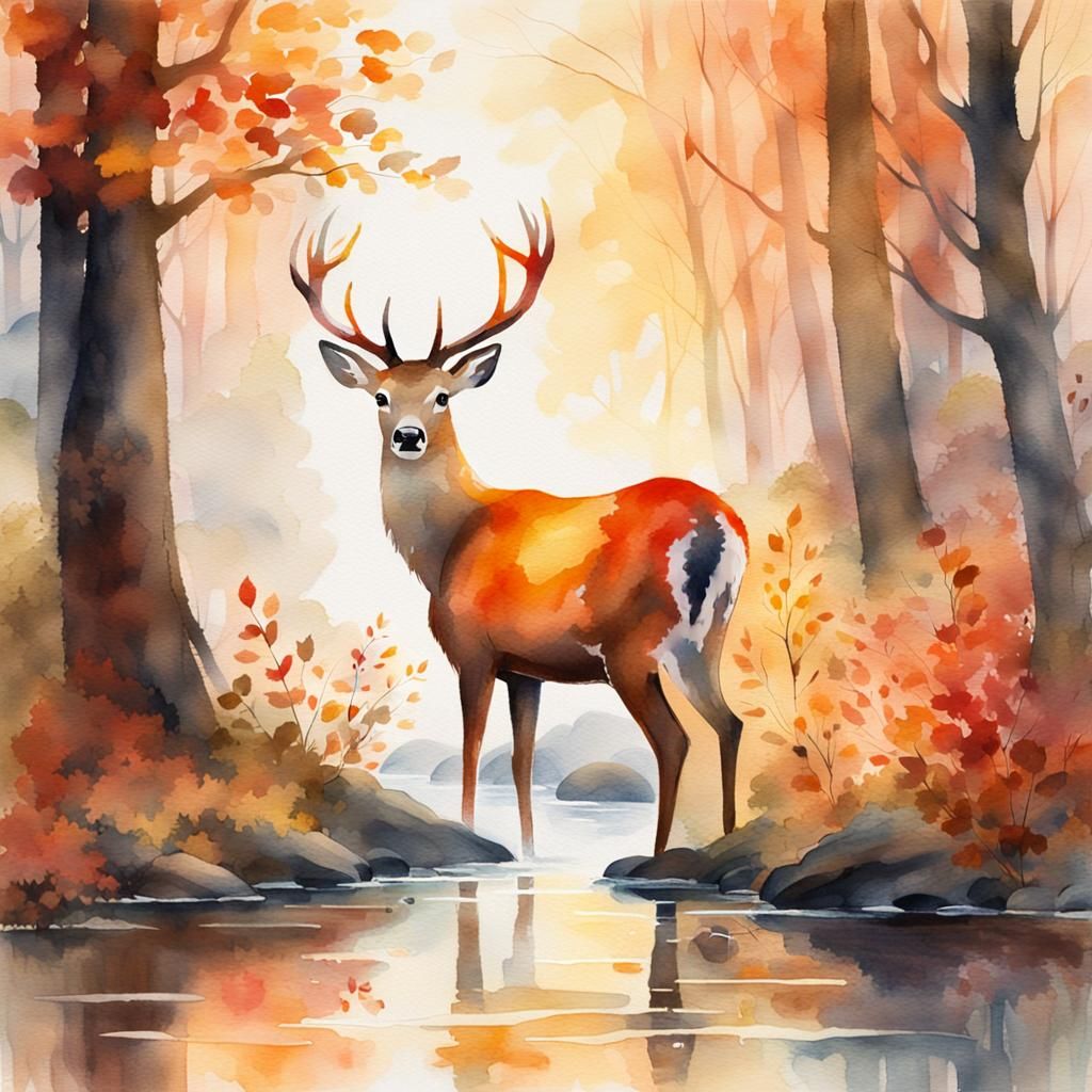 Gentle Deer in Misty Autumn Forest: Watercolor Painting