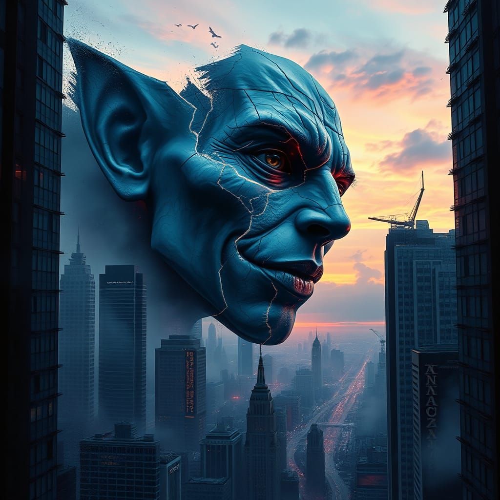 Surreal Cityscape with Mystical Face in Graffiti Art Style
