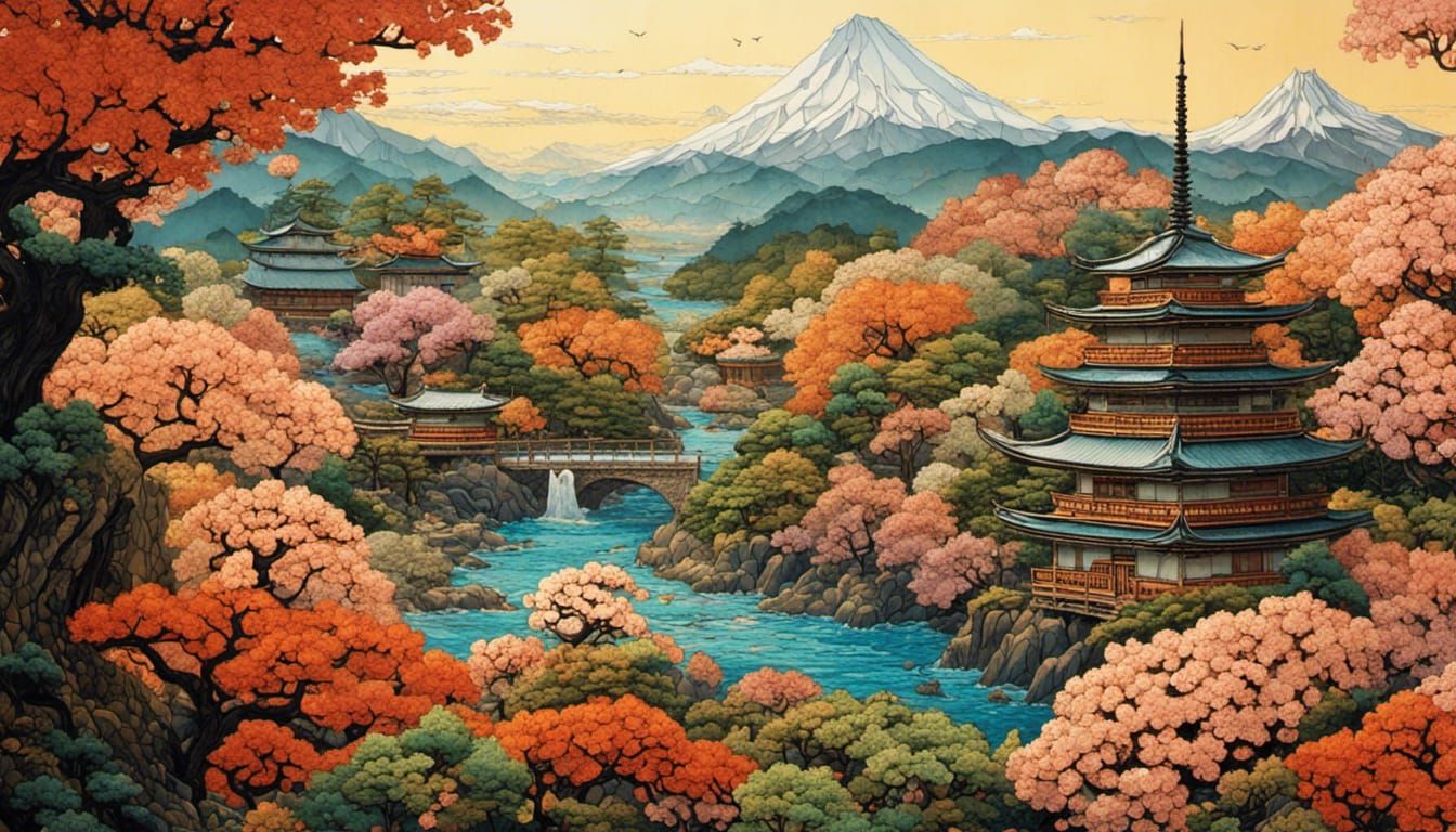 Breathtaking Japanese Blossom Landscape in Origami Style