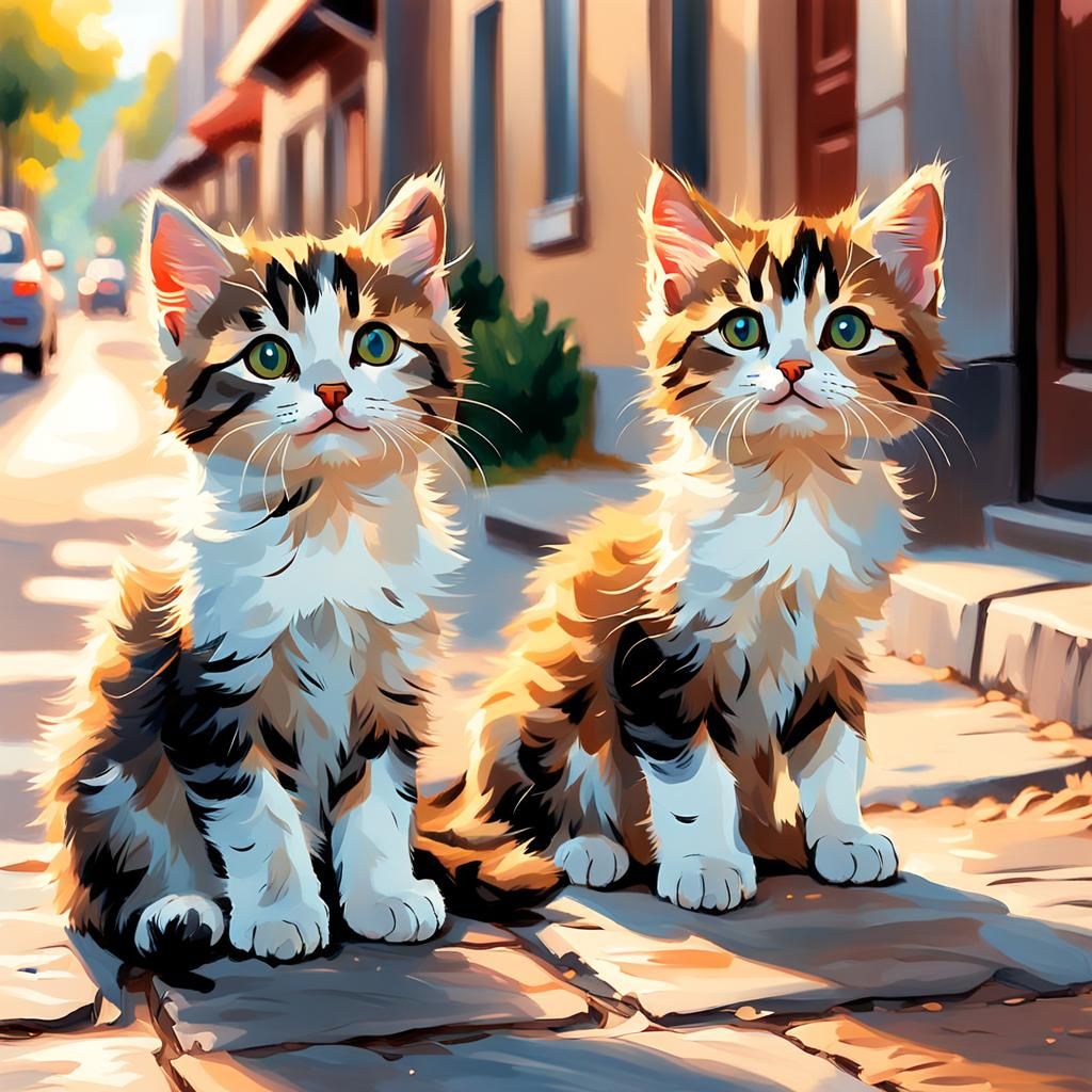 Impressionist Kittens Begging on Sunny Street