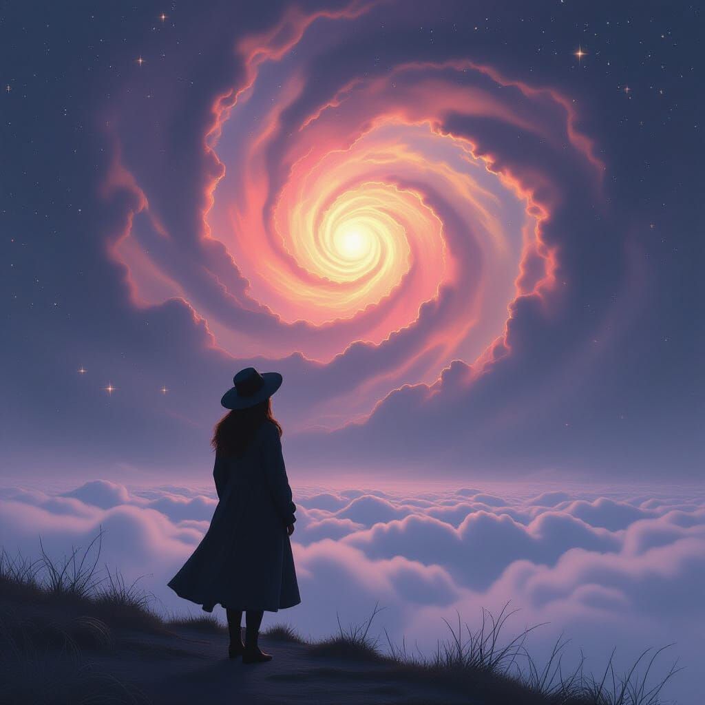 Woman Gazing at Cosmic Nebula Dreamscape in Ethereal Style