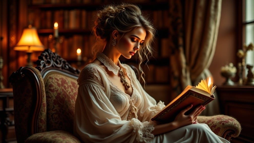 Woman Reading by Candlelight in Dutch Masters Style