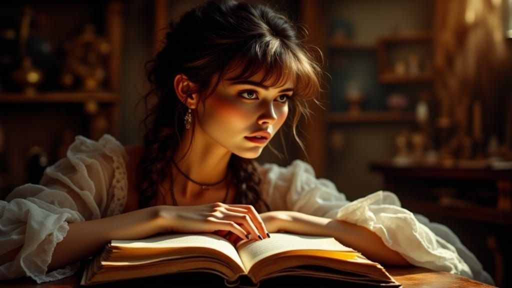 Woman Reading in Antique Watercolor Style