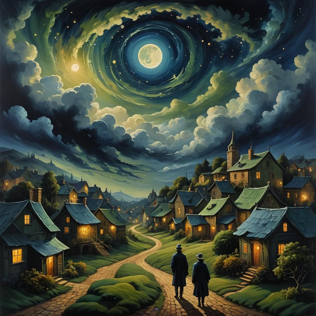 Moonlit Village in a Surreal Dreamscape
