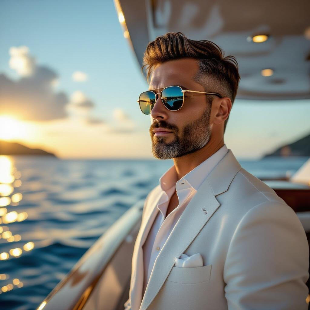 Man in Linen Suit on Yacht at Sunset
