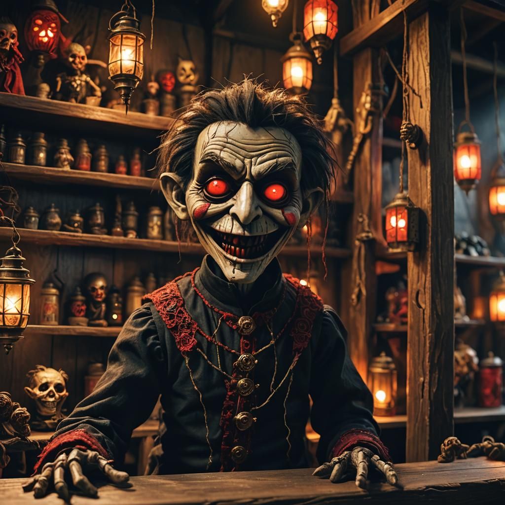 Creepy Puppet in Mystical Shop: Dark Fantasy Art