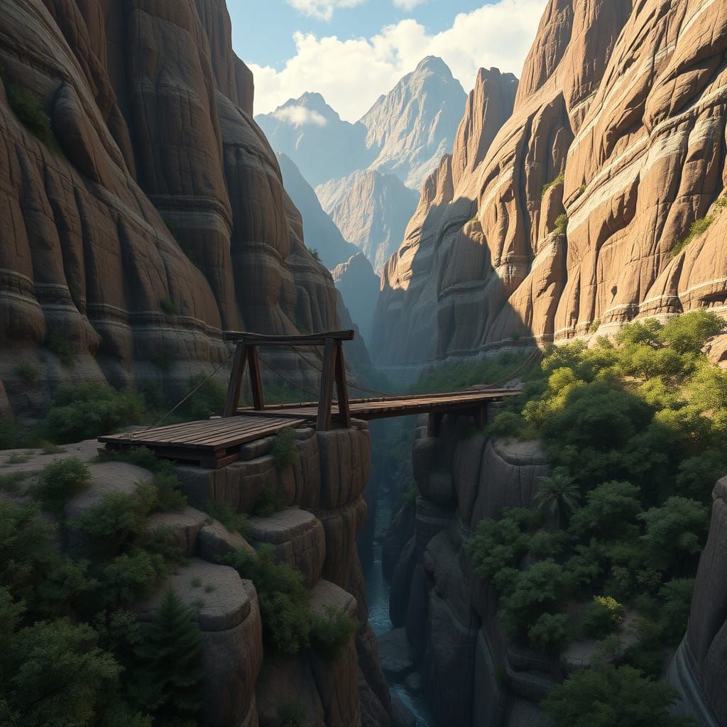 Ancient Wooden Bridge in Lush Forest Wadi