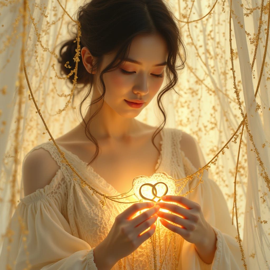 Ethereal Golden Threads Valentine's Day Card Design in Art N...