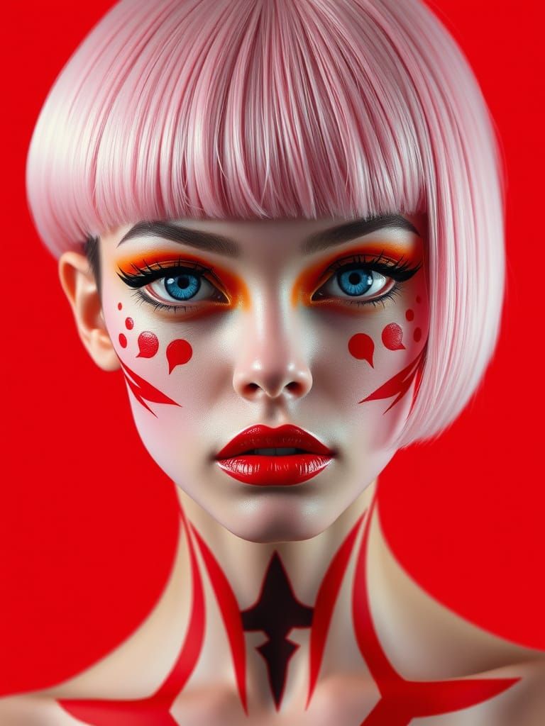 Pop Art Portrait with Pink Hair and Bold Makeup