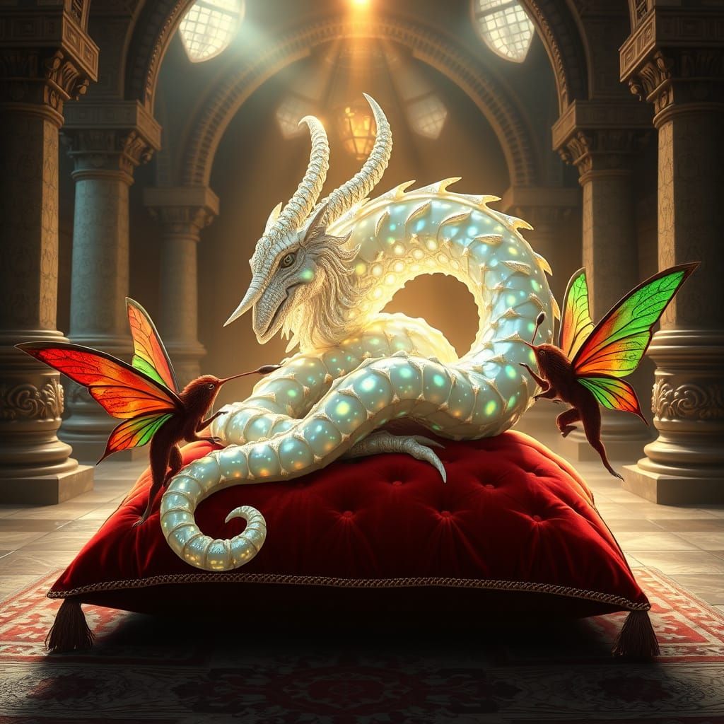 Opalescent Ouroboros in Ornate Chamber with Pixies