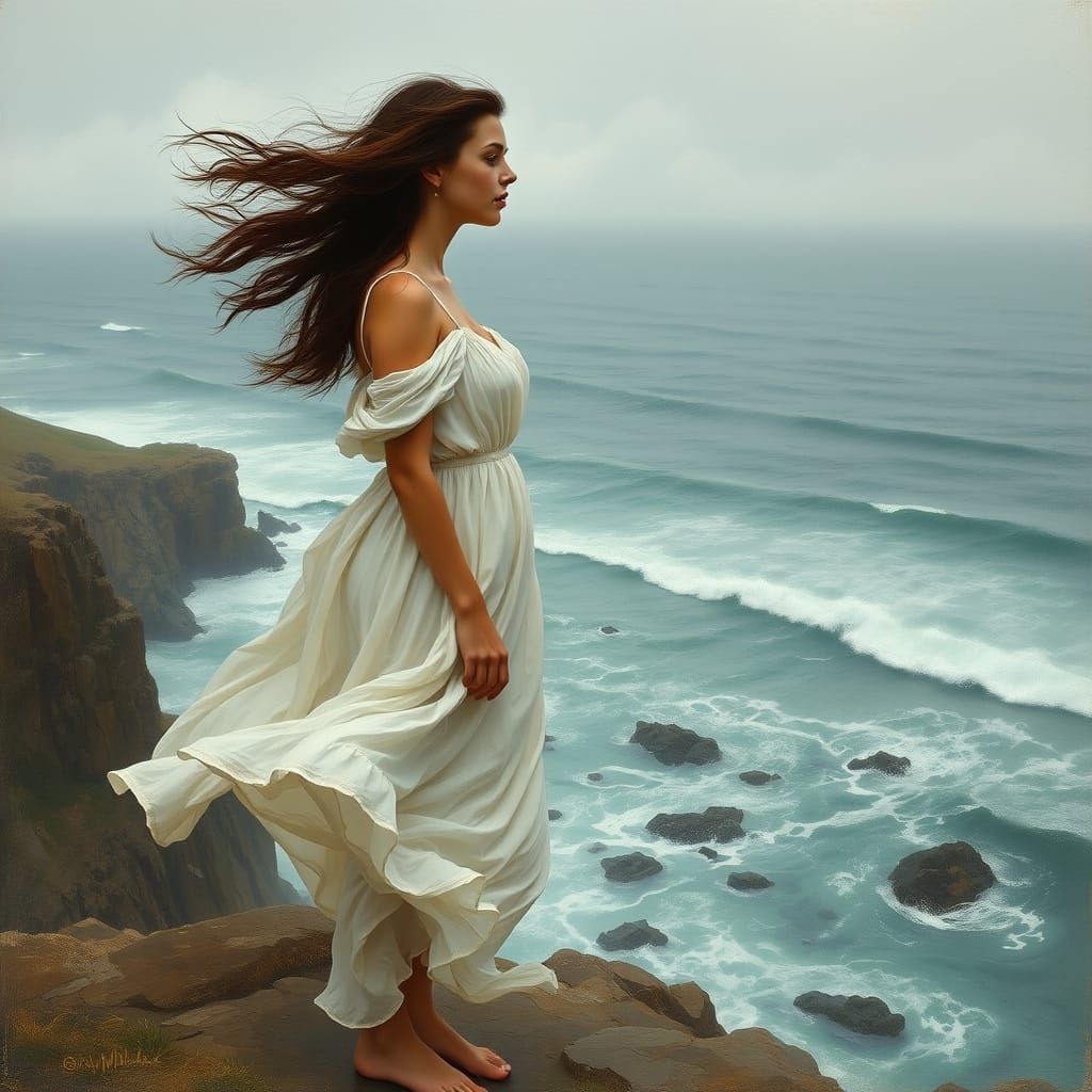 Woman Contemplating the Ocean in a Dreamlike Landscape