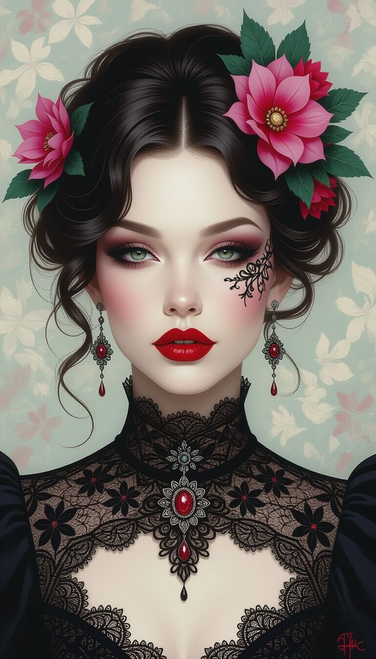 Provocative Woman Portrait with Abstract Lace Features