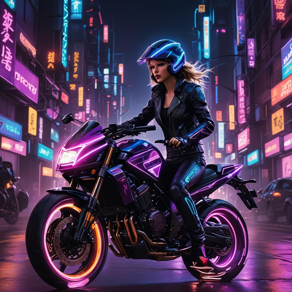Taylor Swift Rides Cyberpunk Motorcycle in Neon City