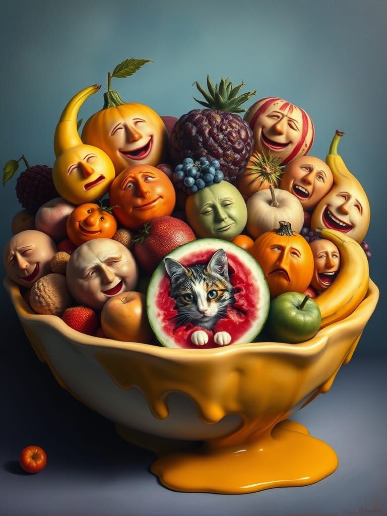 Vibrant Surrealist Still Life of Fruits with Human Faces and...