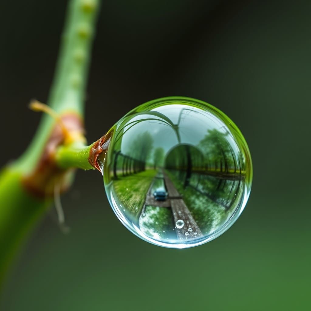 An extreme macro view of a water droplet clinging to a leaf,...