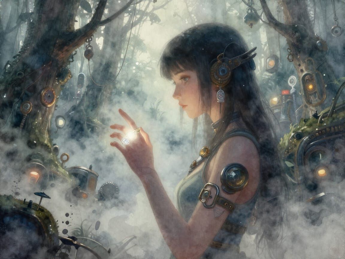 Cyberpunk Princess in Steampunk Forest Watercolor