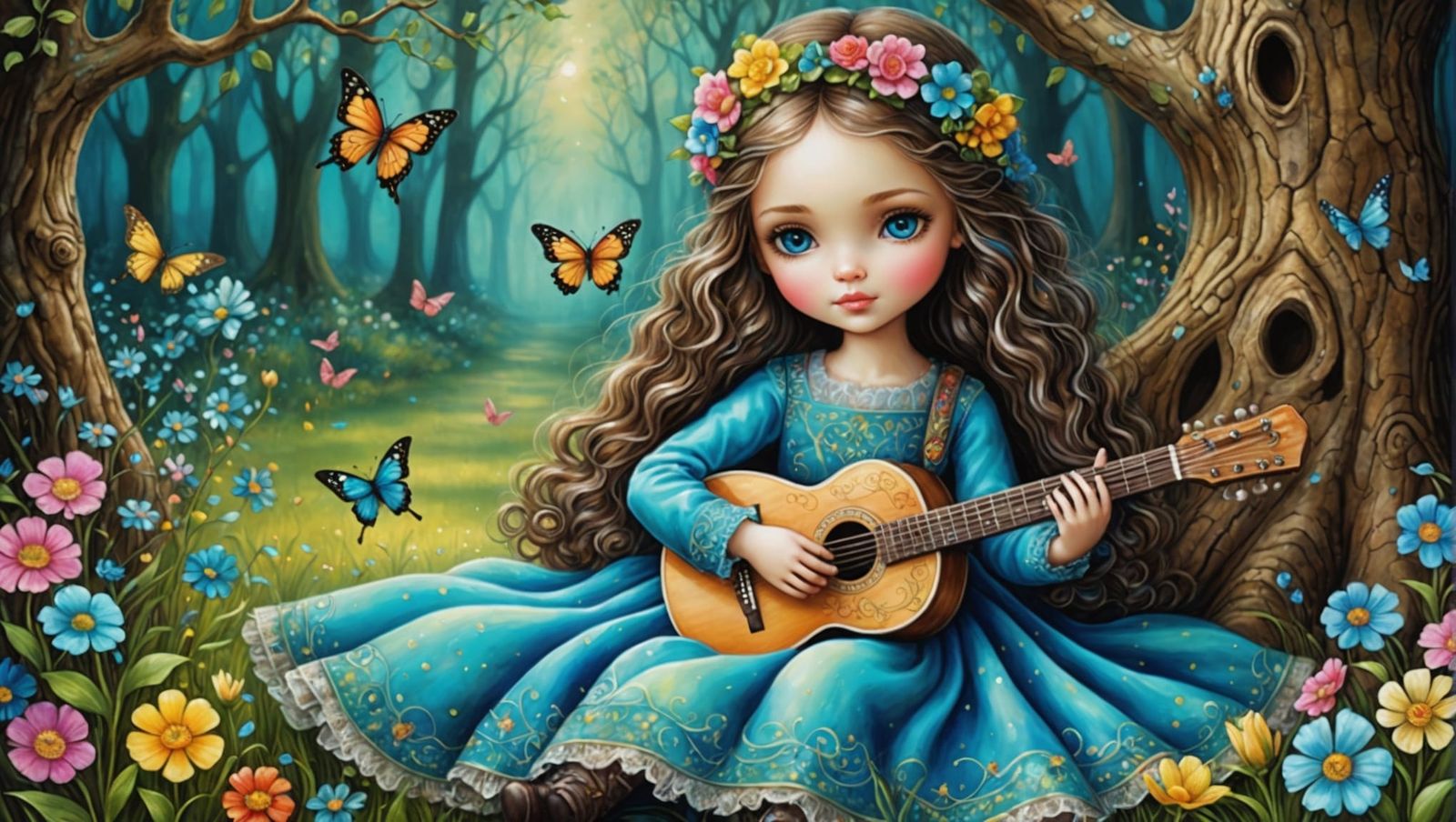Girl Playing Guitar in Magical Garden, Alcohol Ink Art