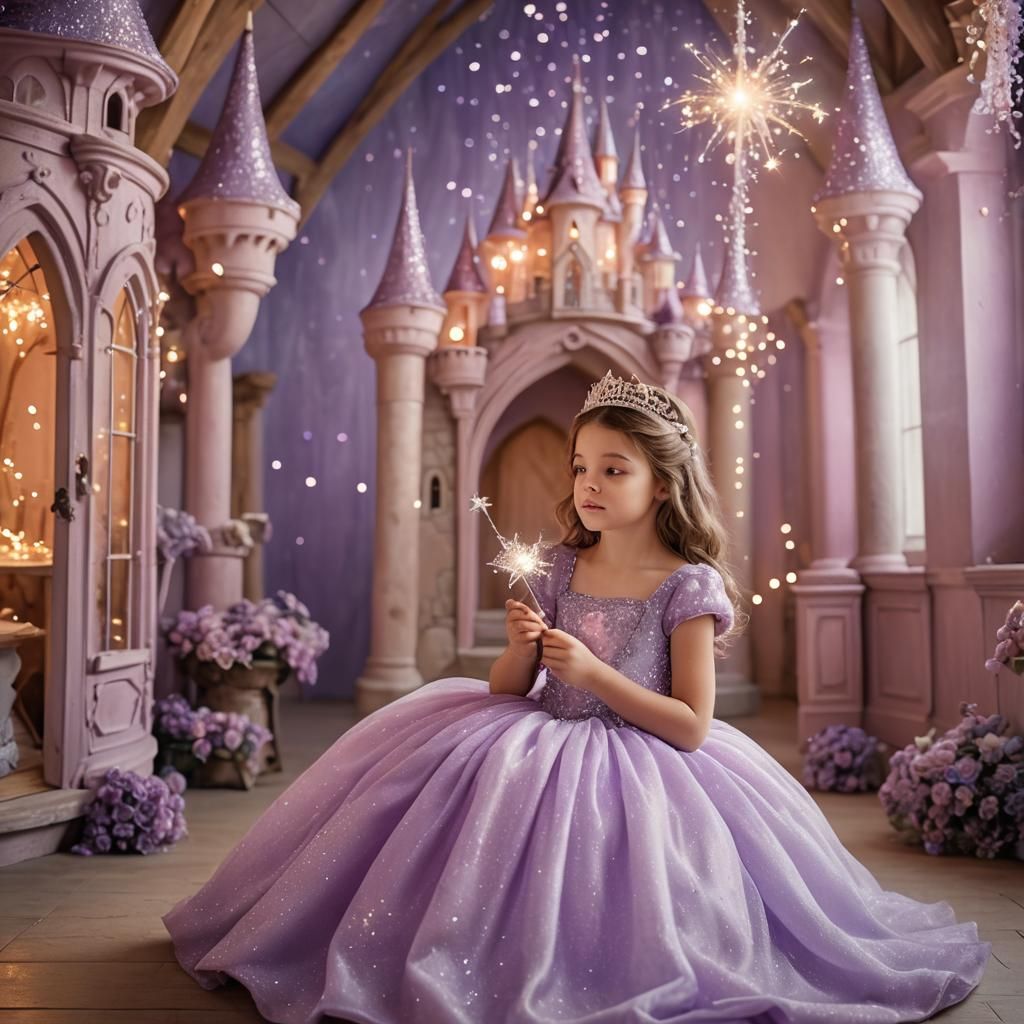 Little Girl in Princess Gown in Fairytale Castle
