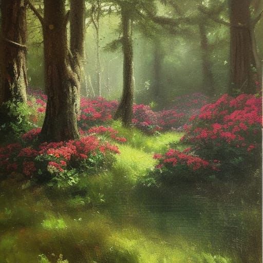Lush Forest and Flowers as Oil Painting