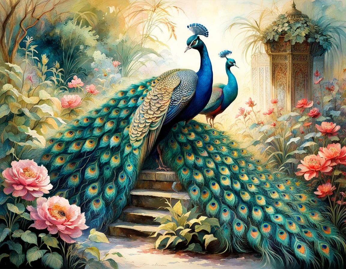 Exotic Palace Garden Scene with Peacocks in Soft Evening Lig...