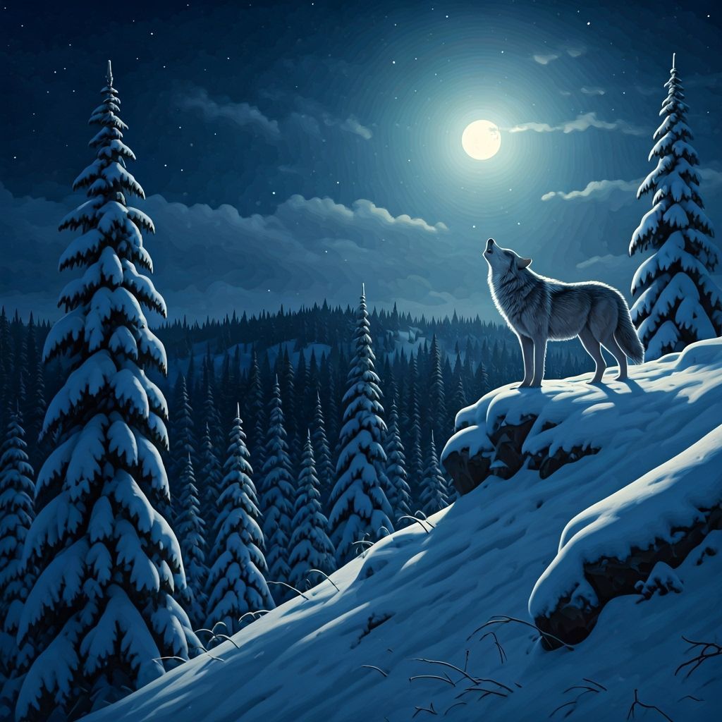 Lone Wolf Howling at Moon in Wildlife Painting Style