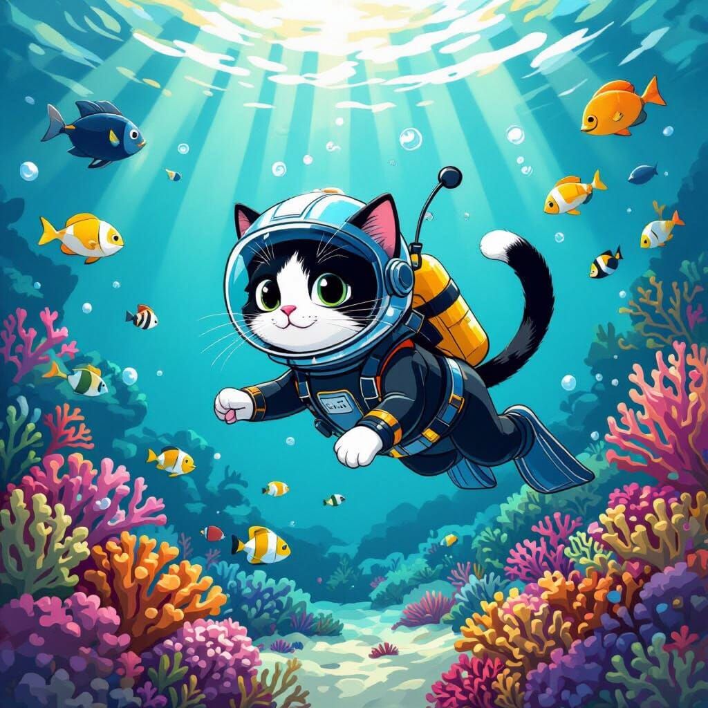 Cartoon Tuxedo Cat's Coral Reef Adventure