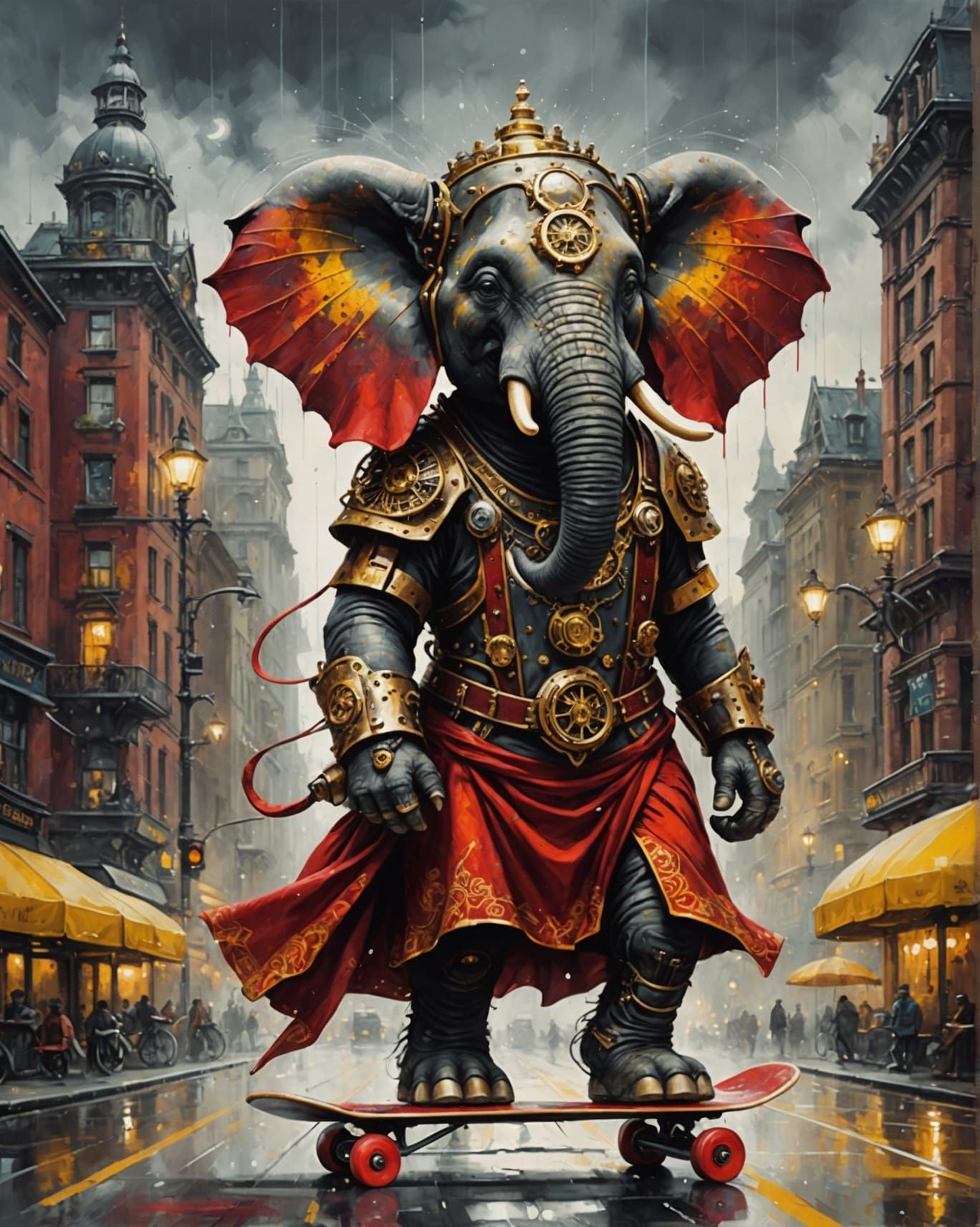 Steampunk Elephant on Skateboard in Cityscape