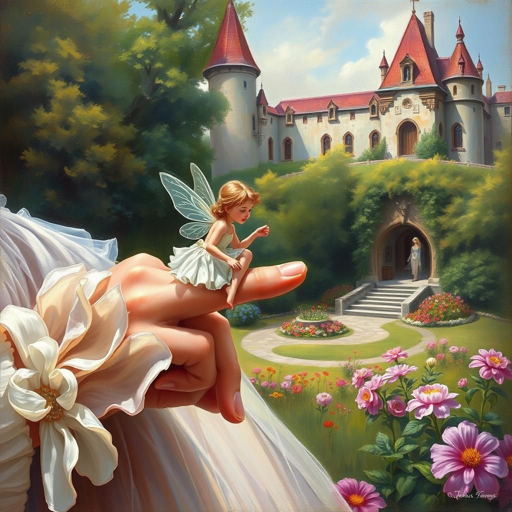 Fairy on Princess's Finger, Oil Painting