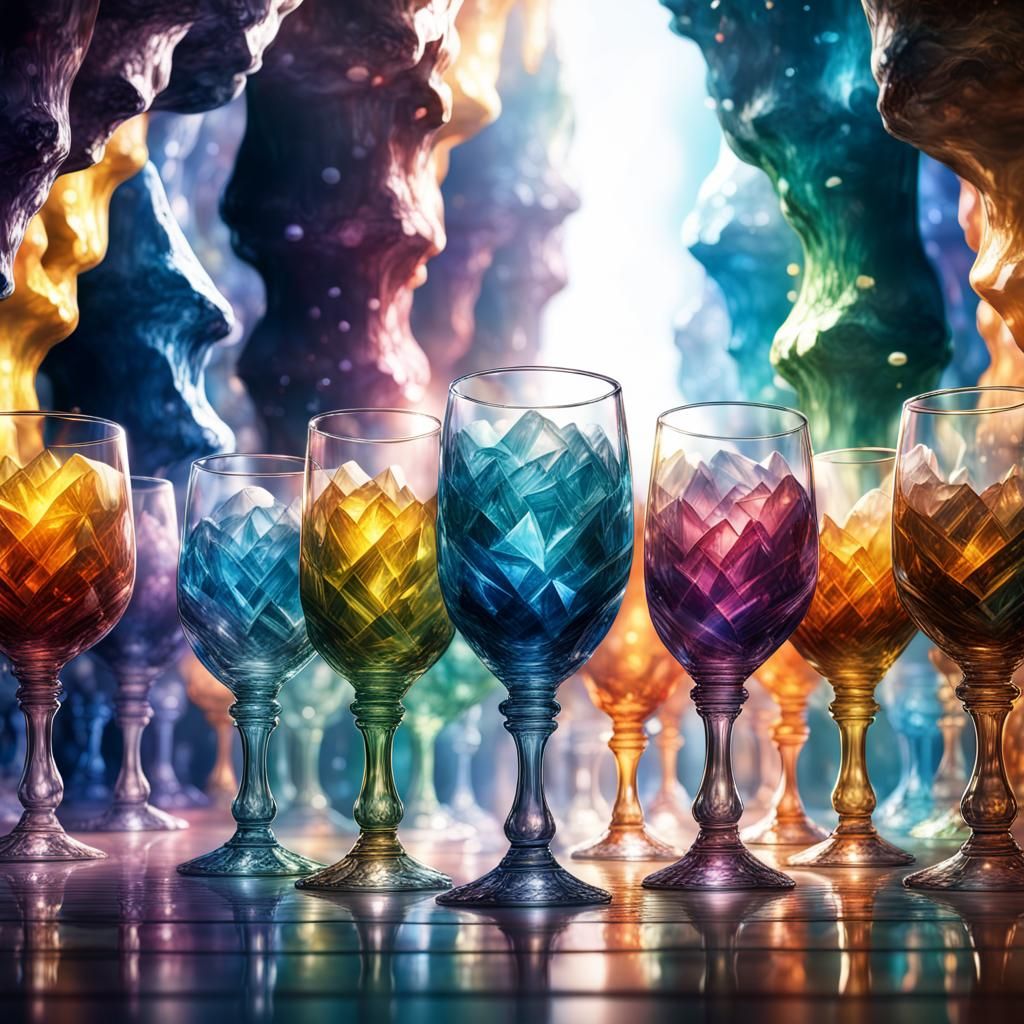 Crystal Goblets Cave: Hyperrealistic Splash Art