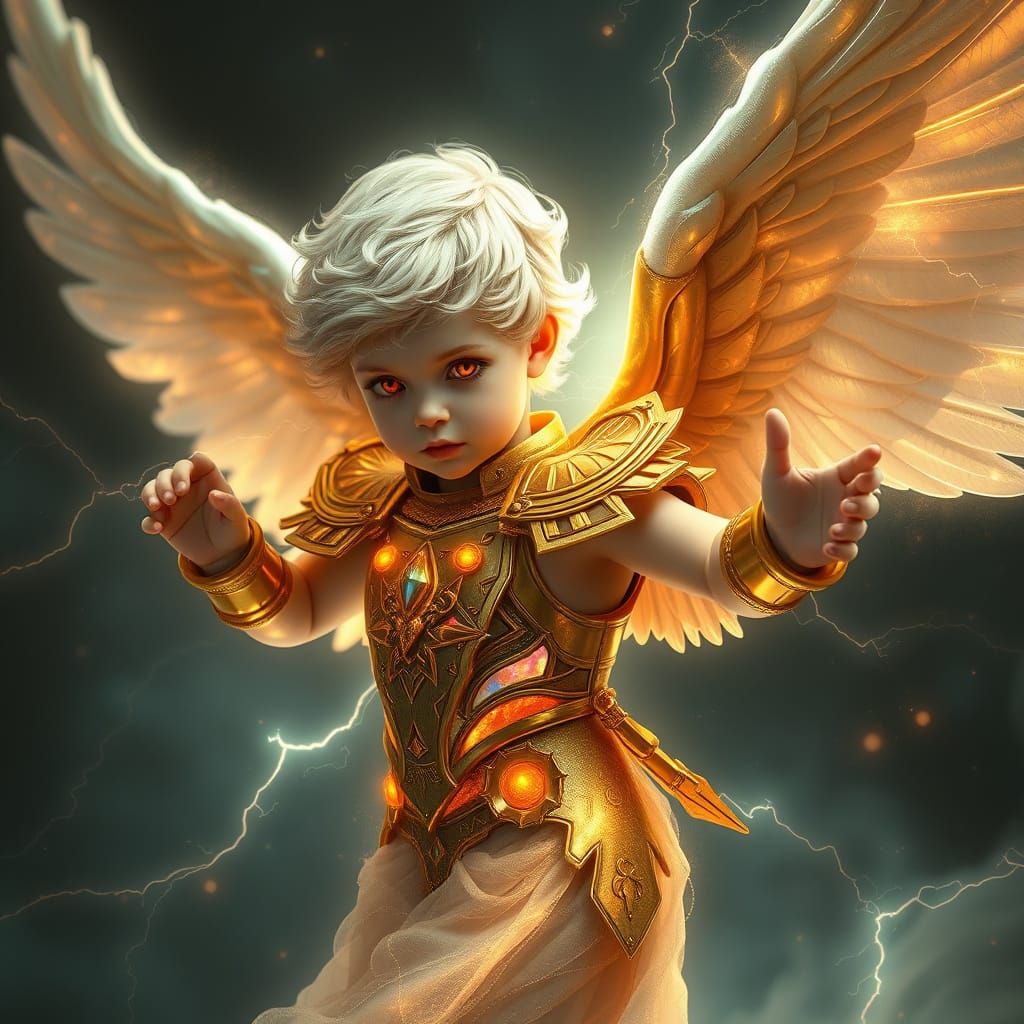 Majestic Winged Angel in Gold Armor, Cosmic Eye Glow